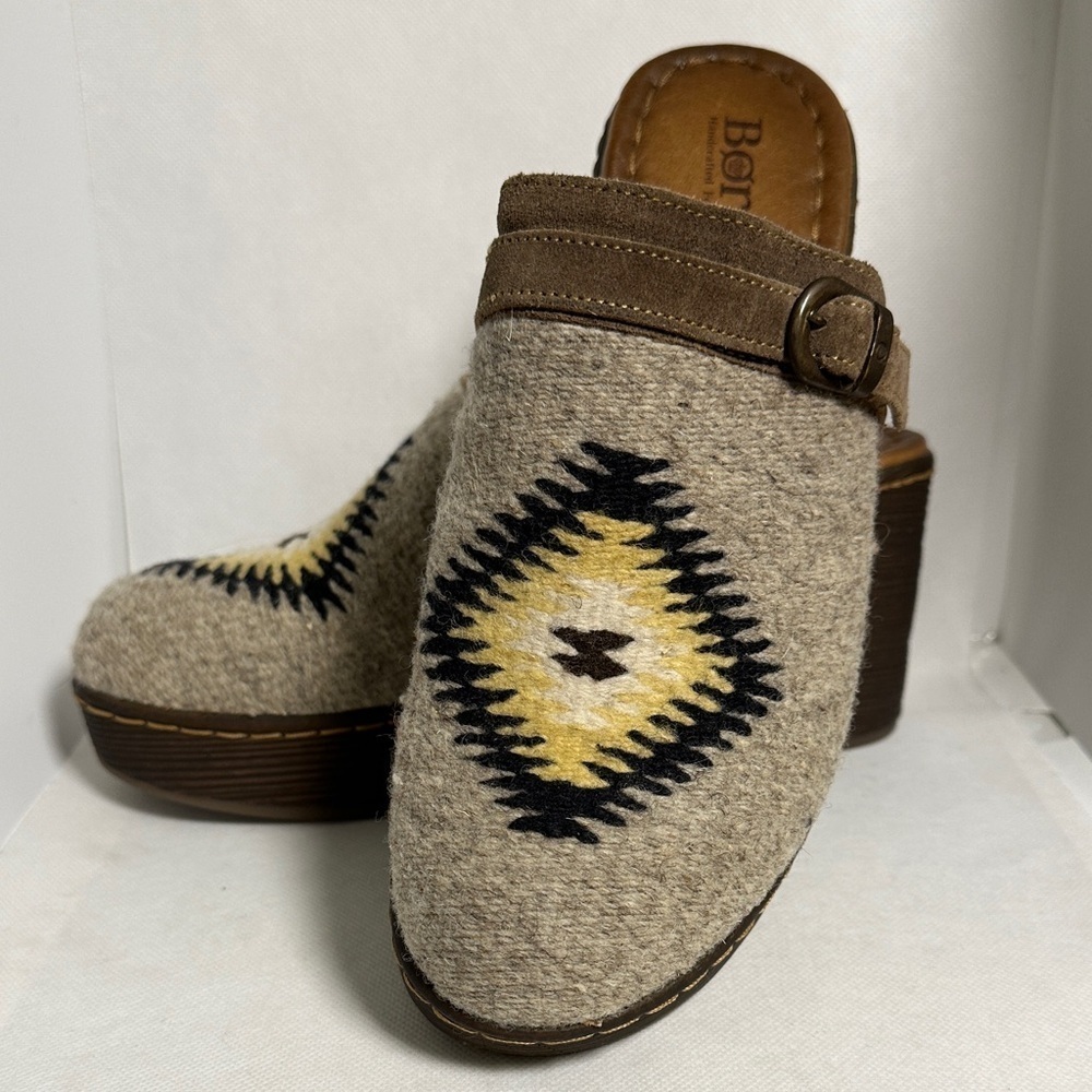 Born Leather and Wool Aztec Pattern Platform Clogs Size 9 / 40 EU - NWOT